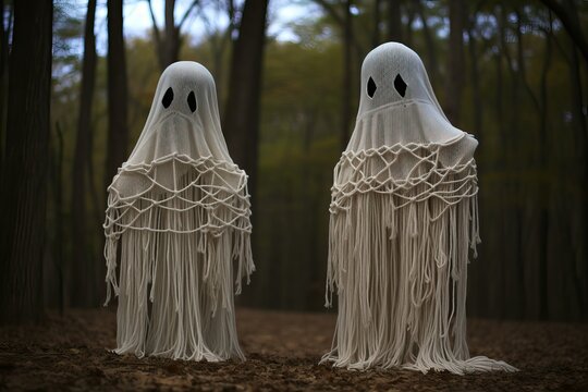 Macrame knots funny Ghosts. DIY Halloween Decorations to scary home. Ideas of Halloween indoor and outdoor decor on October 31