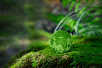 Environmental concept - Crystal Earth on forest moss with fern and sunlight - environment, save...