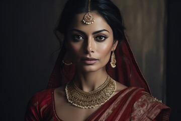 Elegant Indian Woman Adorned with Gold Jewelry. A fictional character created by Generated AI