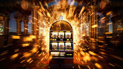 The slot machine hits the jackpot, with gold coins splattering