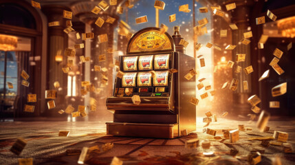 Obraz premium The slot machine hits the jackpot, with gold coins splattering
