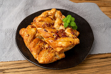 Maple Pecan Puff Pastry, Danish Plaits Pastries with Maple Syrup and Pecan Nuts, Breakfast Bakery