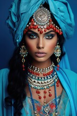 Naklejka na ściany i meble Eastern-inspired beauty wearing traditional jewelry and makeup. A fictional character created by Generated AI
