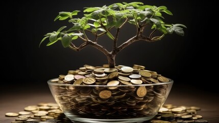 Tree growing on stacks of coins, Growing money tree.