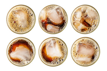 Iced Porter Beer Isolated Top View, Stout in Glass, Dark Beer with Foam and Ice Cubes, Bubbles on Alcohol Drunk