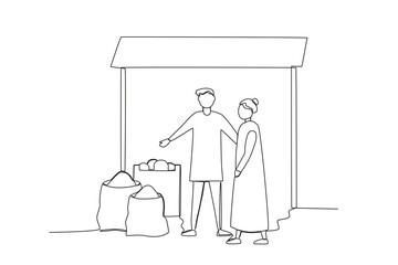 A continuous one-line drawing of a rice seller offering his wares at a traditional market
