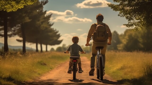 Rear view. Happy father and son riding a bicycle at forest.