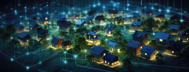 Sprawling green community with Digital smart city infrastructure and rapid data network. Digital city, smart society, smart homes, digital community. DX, IOT, digital network concept.