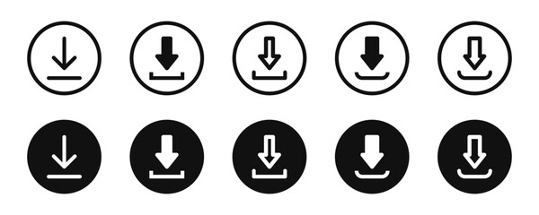  Download icon set. Downloading signs. Upload symbol collection. Download button collection.