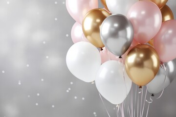 Heap of shiny pink white silver and golden balloons