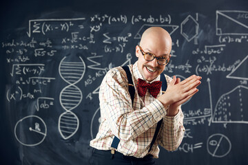 Excited and emotional scientist, teacher expressing feeling, finding out solution. Formulas and...