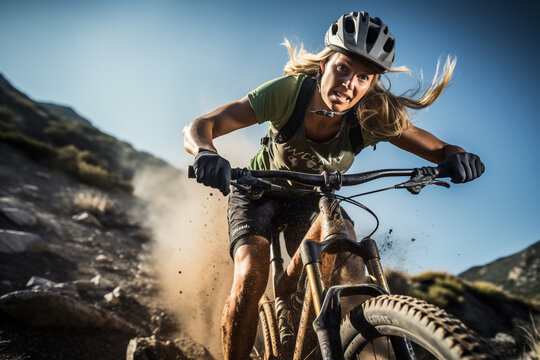 Stunning blonde, young athletic woman riding a mountain bike. Generative AI