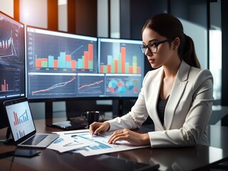 Businesswoman analyzing company financial data