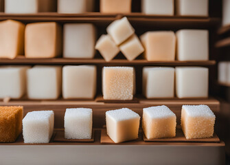 Realistic sugar cubes neutral palette warm lighting.