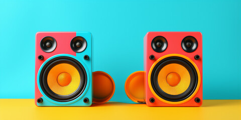 Two colorful sound speakers aside with free blank space for text. Generative AI