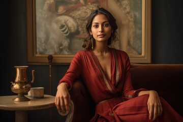 Fototapeta premium Elegant woman in red dress. A fictional character created by Generated AI