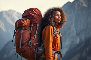 Side view happy young black traveler woman carrying backpack. Mountains background