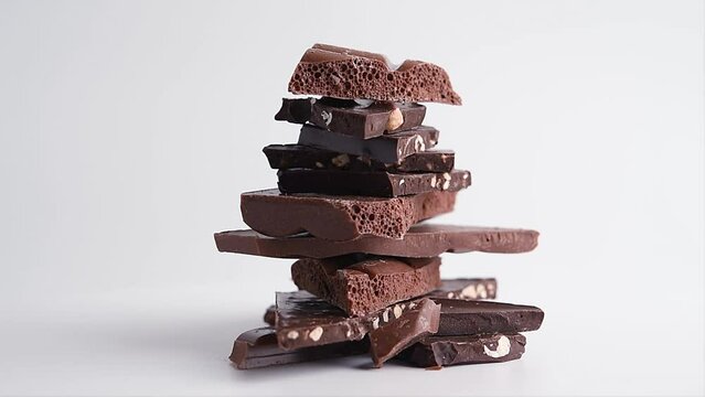 Broken dark chocolate bar stack rotated on white background, close-up.