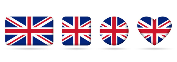 UK flag icon set. United Kingdom badges. British square, heart and circle national symbol. Vector illustration.