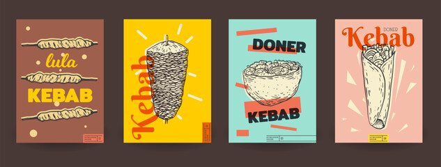 Set fast food template background for cover, poster, menu with kebab in vintage sketch style. Collection bright creative graphic concept design. Vector illustration.