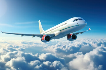 Fototapeta premium Passenger Airplane Soaring Amidst Daytime Cloudscape. created with Generative AI