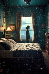 A Young Girl Looking Out of Her Bedroom Window. A fictional character created by Generated AI