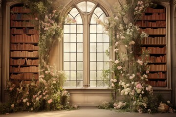 Giant vintage Gothic altar, photo zone with books and flowers on the wall