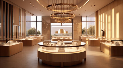 A modern jewelry store. Showcasing the interior of a contemporary jewelry store