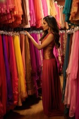 Fototapeta premium A woman trying on dresses in a clothing store. A fictional character created by Generated AI