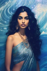 Naklejka premium Stunning Indian Woman in a Blue Sari. A fictional character created by Generated AI