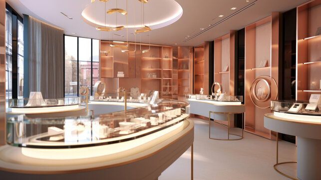 A modern jewelry store. Showcasing the interior of a contemporary jewelry store