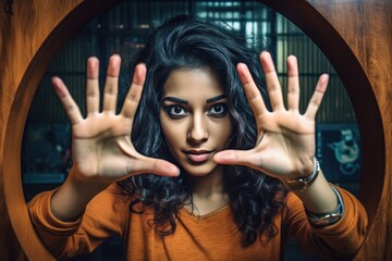 Elegant Woman Demonstrates Five-Finger Hand Gesture. A fictional character created by Generated AI - obrazy, fototapety, plakaty