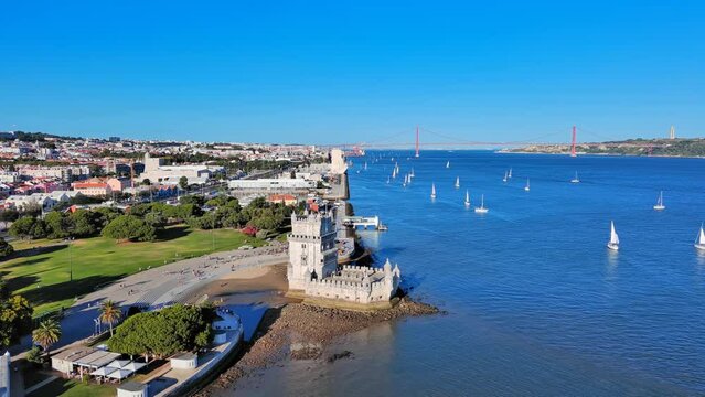 Lisbon: Aerial view of capital city of Portugal, Belem Tower (Torre de Bel&eacute;m, Tower of Saint Vincent) - landscape panorama of Europe from above