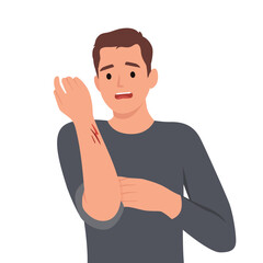 Man examines hand with deep cut or wound received after accident at work. Guy with bleeding wound on body needs bandages and anti-infective treatment.