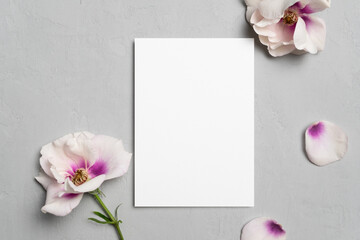 Blank greeting card mockup with flowers, white card mock up with copy space