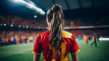 mulher jogadora de futebol feminino entrando no estádio cheio, copa do mundo feminina de futebol 