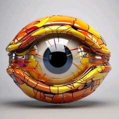 An illustration3d of sculpture of an yellow eye with the word eye on it