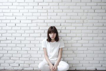The Young Woman Sitting Alone by the Brick Wall. A fictional character created by Generated AI