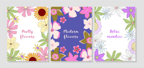 Set of modern retro groovy meadow flowers. Floral frame with copy place, lettering, quote. Wedding and birthday  invitation template. Poster, banner, flyer, card design. Nostalgia vintage.