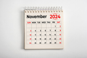 November 2024. One page of annual business monthly calendar on white background. reminder, business...