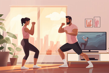 Obraz premium Photo of people participating in a virtual workout class from their home, showcasing the convenience of online fitness options for weight loss 