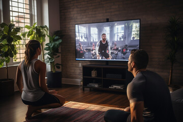 Photo of people participating in a virtual workout class from their home, showcasing the...