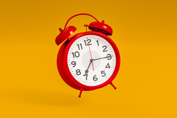 Red vintage alarm clock on bright orange color background. Time management, deadline concept. 3d rendering