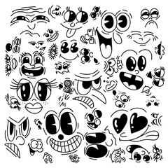 Fototapeta na wymiar Vintage funny set of cartoon faces. Retro quirky characters smile vector set. Funny avatars with big cheeks, eyes and mouth.
