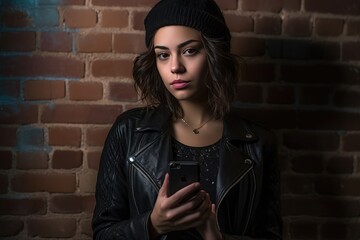 Naklejka premium Fashionable emo girl with black hair, wearing a leather jacket and using her smartphone. A fictional character created by Generated AI
