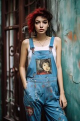 Fototapeta premium Female Artist Wearing Overalls and Painting a Portrait. A fictional character created by Generated AI