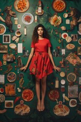 A woman in a red dress standing in front of a wall with many pictures.. A fictional character created by Generated AI
