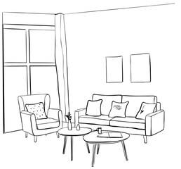 Line sketch of the interior living room.