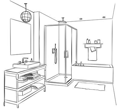 recommend clip art: Hand drawn sketch. Linear sketch of an interior. Part of the bathroom. Vector illustration