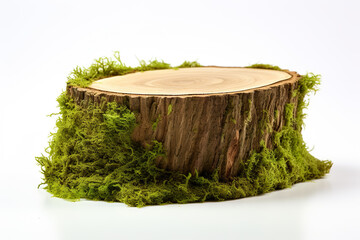 Close-Up of Wooden Saw Cut with Vibrant Green Moss Isolated on White Background. created with Generative AI